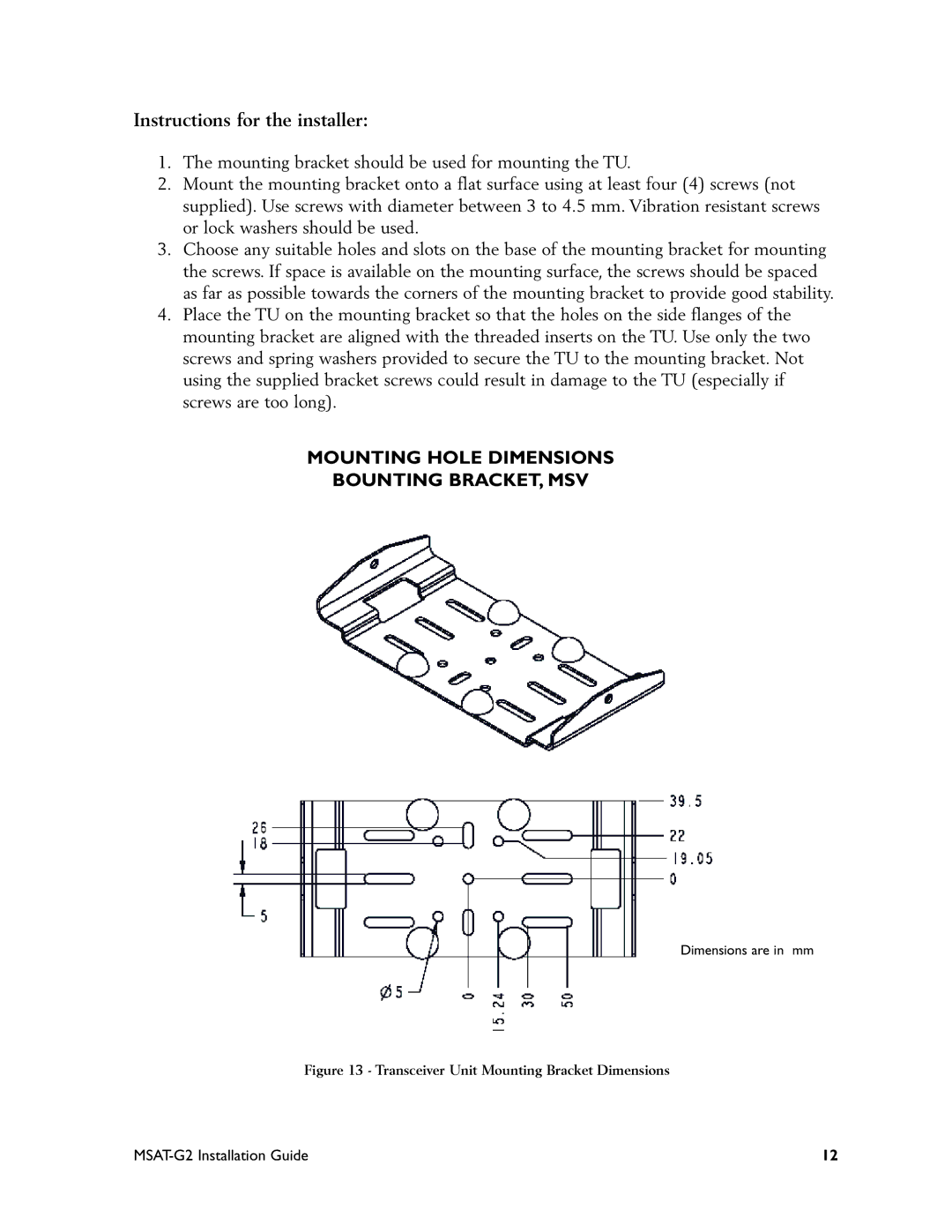 Motorola MSAT-G2 manual Mounting Hole Dimensions Bounting BRACKET, MSV 