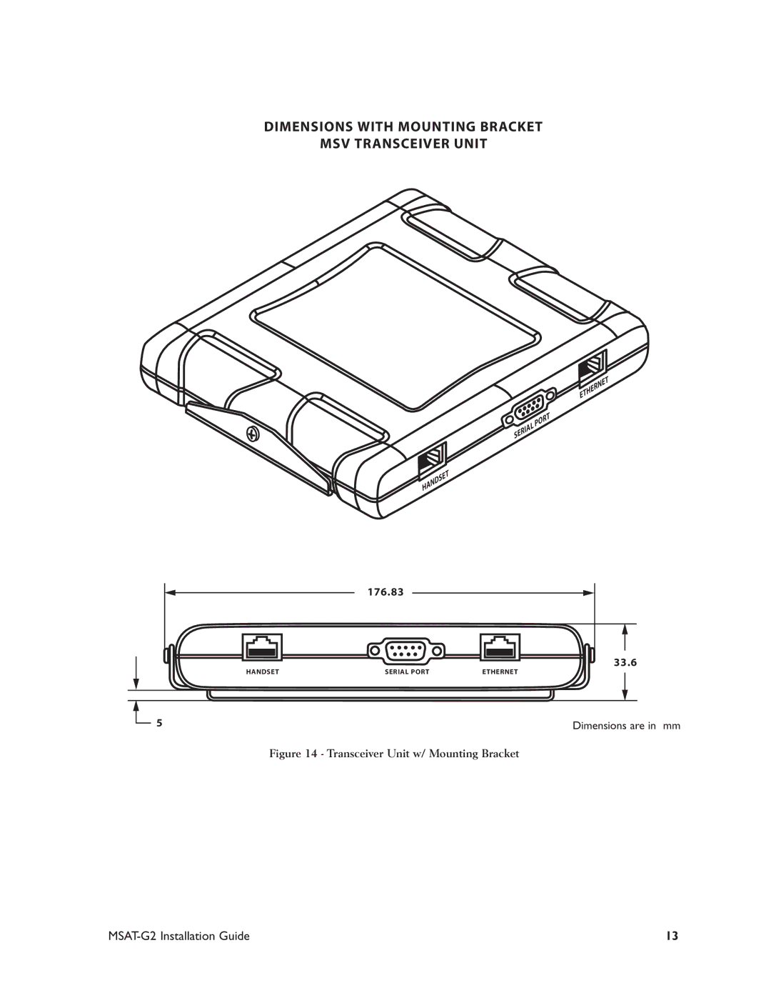 Motorola MSAT-G2 manual Dimensions with Mounting Bracket MSV Transceiver Unit 