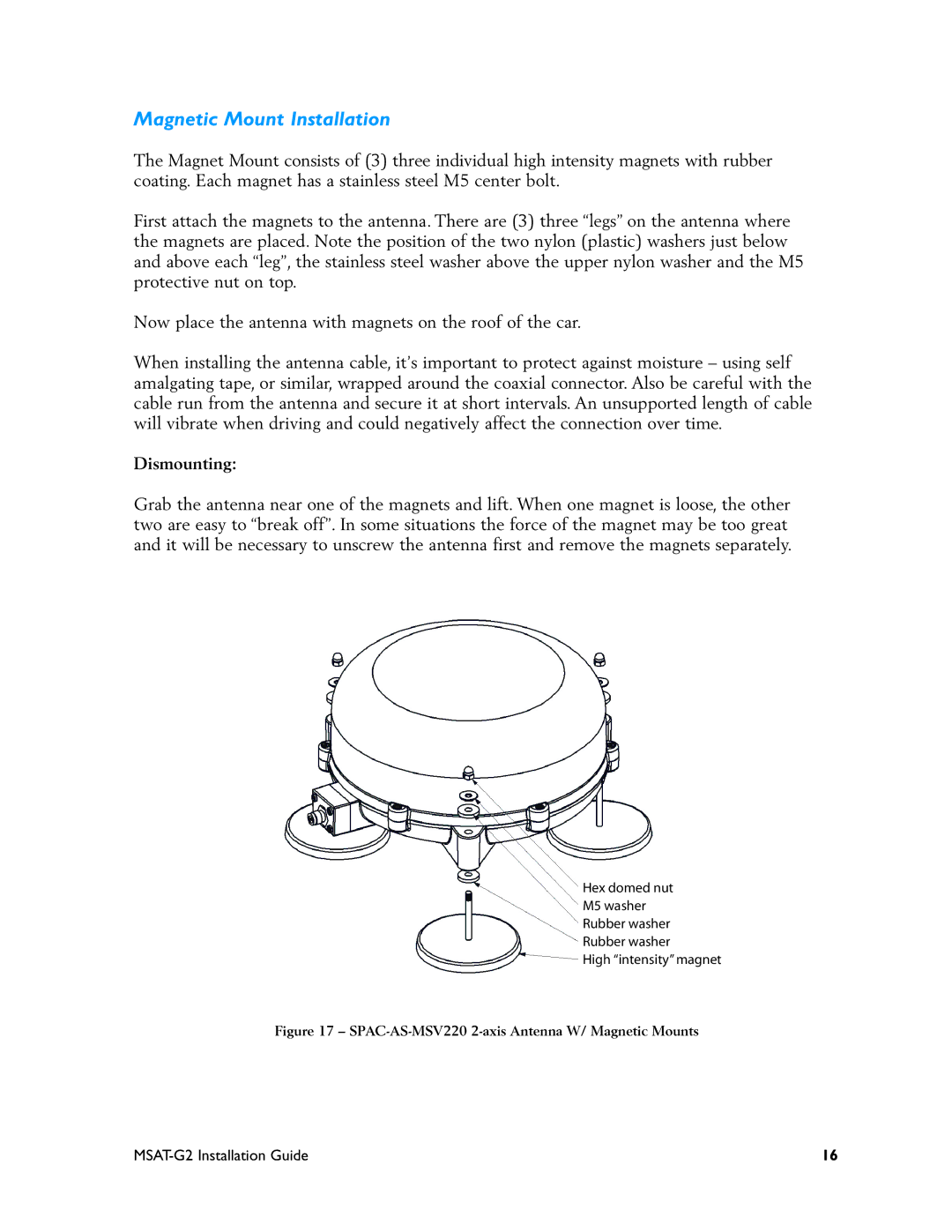 Motorola MSAT-G2 manual Magnetic Mount Installation, Dismounting 