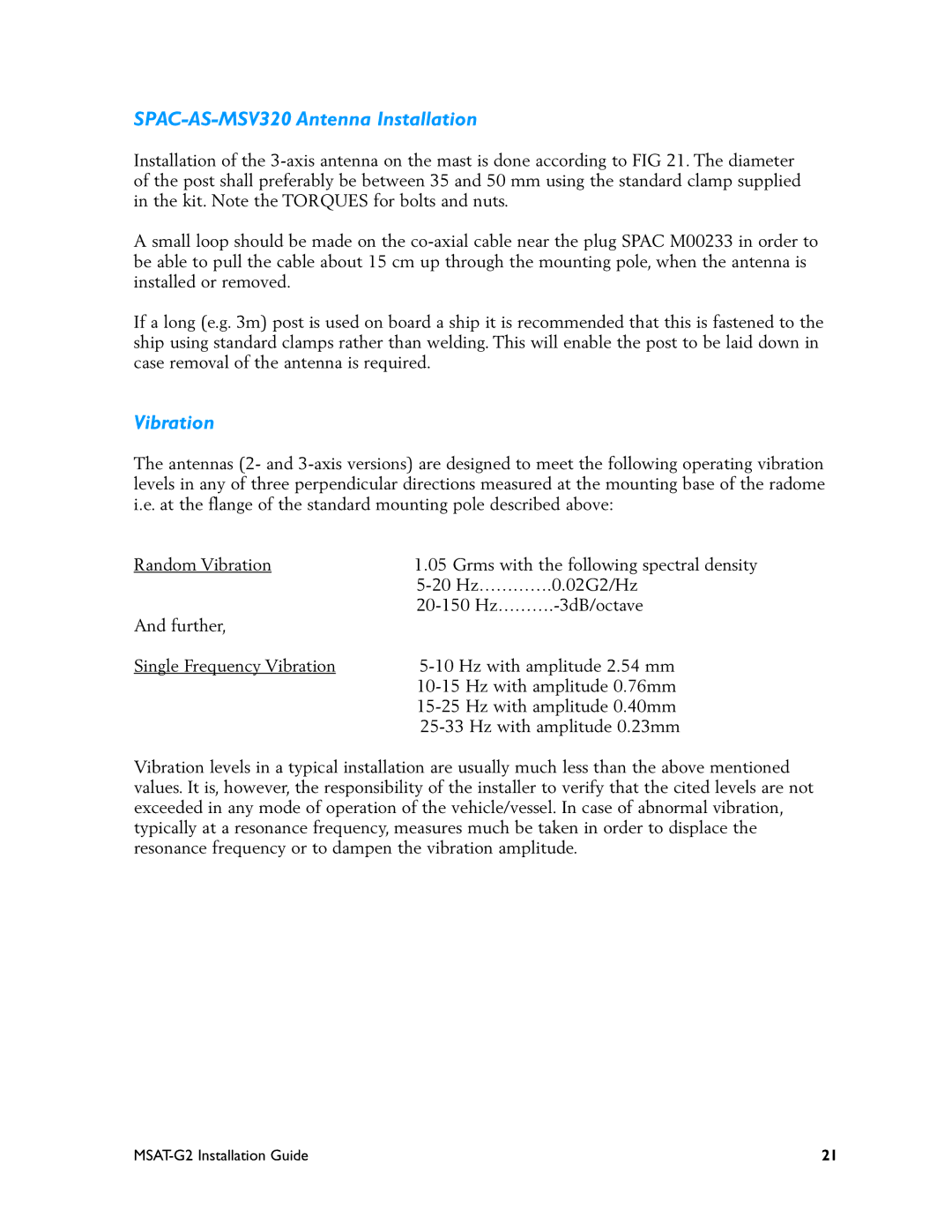 Motorola MSAT-G2 manual SPAC-AS-MSV320 Antenna Installation, Vibration 
