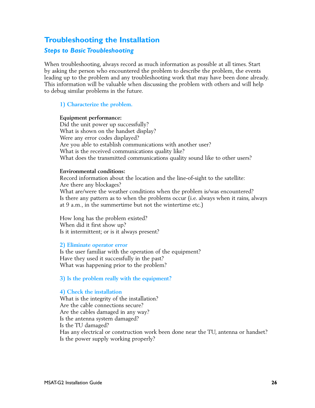 Motorola MSAT-G2 manual Troubleshooting the Installation, Steps to Basic Troubleshooting 