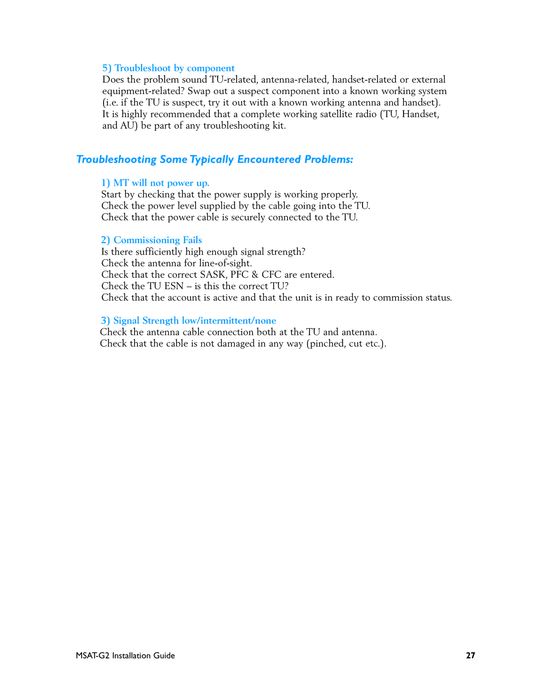 Motorola MSAT-G2 manual Troubleshooting Some Typically Encountered Problems, Troubleshoot by component 