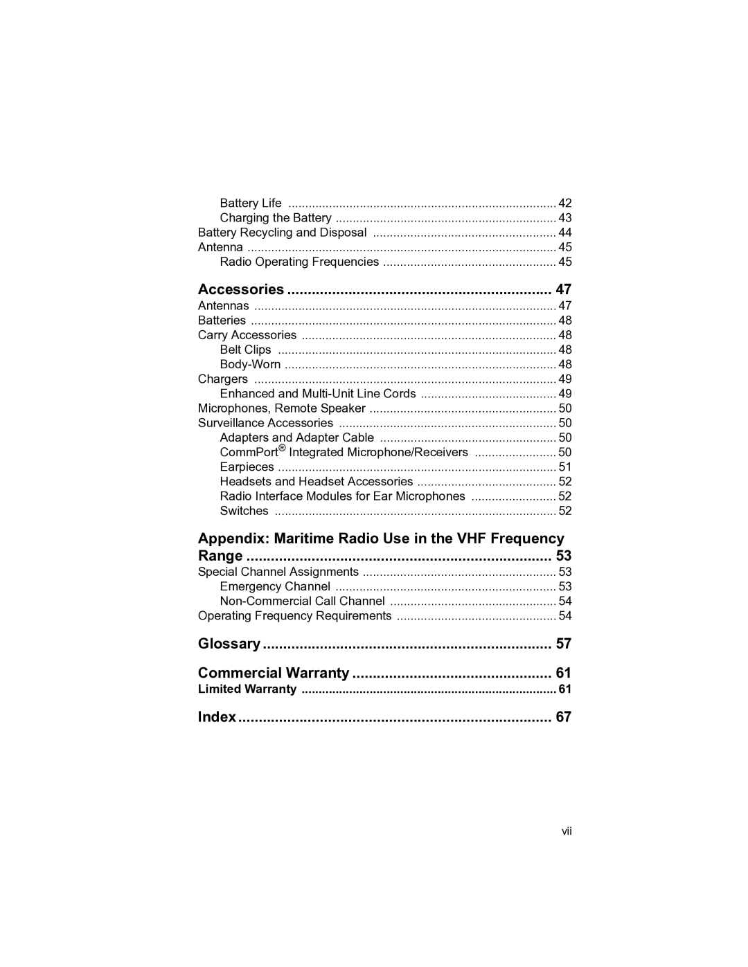 Motorola MT 1500 Accessories, Appendix Maritime Radio Use in the VHF Frequency, Range, Glossary Commercial Warranty, Index 