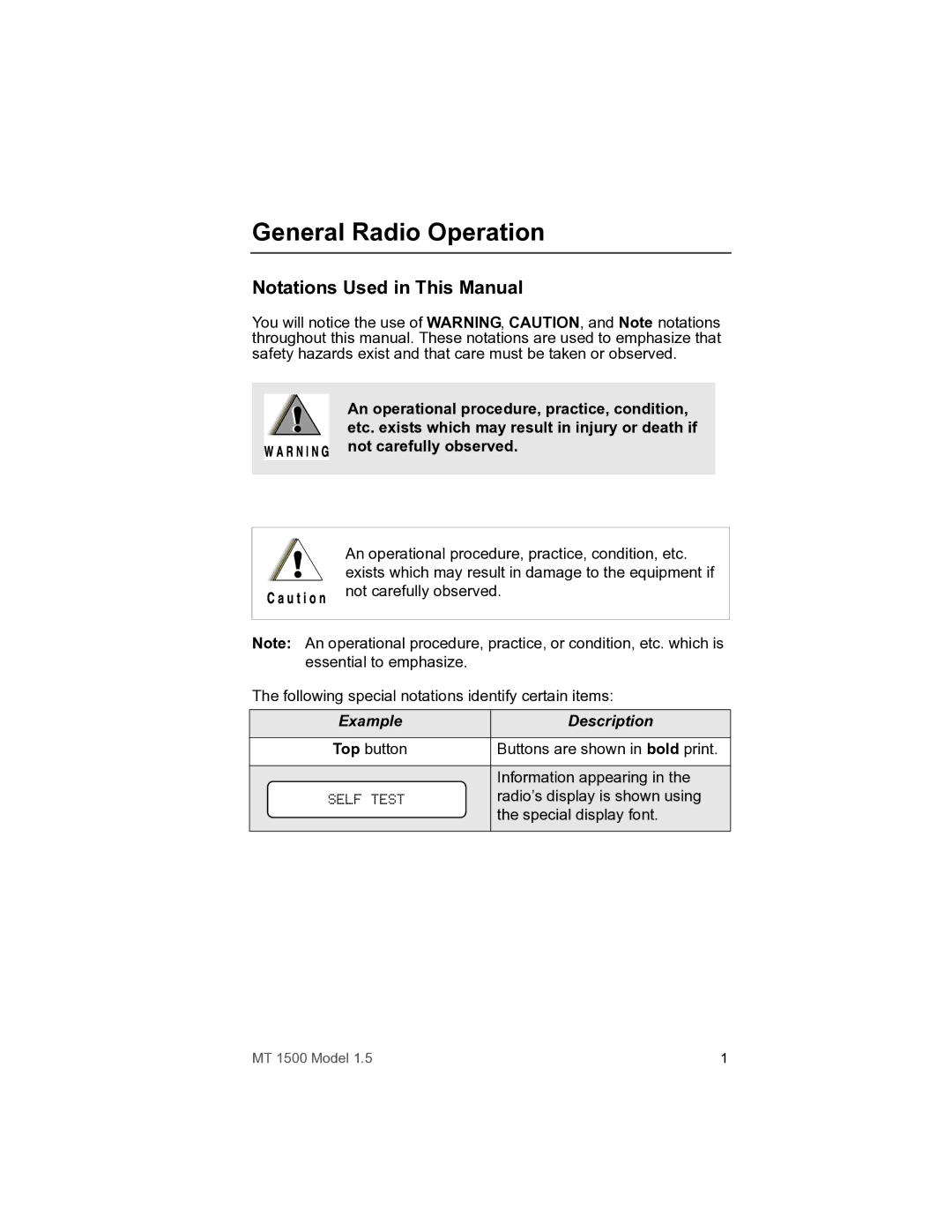 Motorola MT 1500 General Radio Operation, Notations Used in This Manual, An operational procedure, practice, condition 