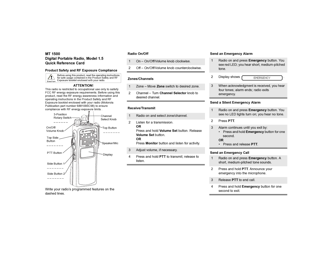 Motorola MT 1500 manual Digital Portable Radio, Model Quick Reference Card 