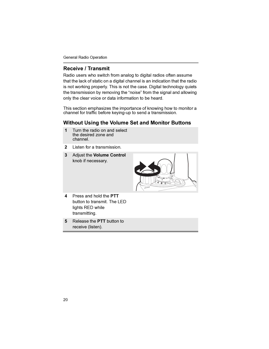 Motorola MT 1500 manual Receive / Transmit, Without Using the Volume Set and Monitor Buttons 