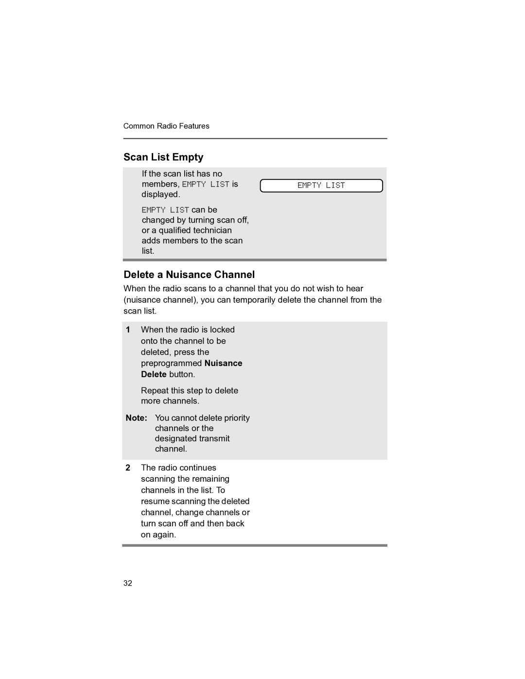 Motorola MT 1500 manual Scan List Empty, Delete a Nuisance Channel 