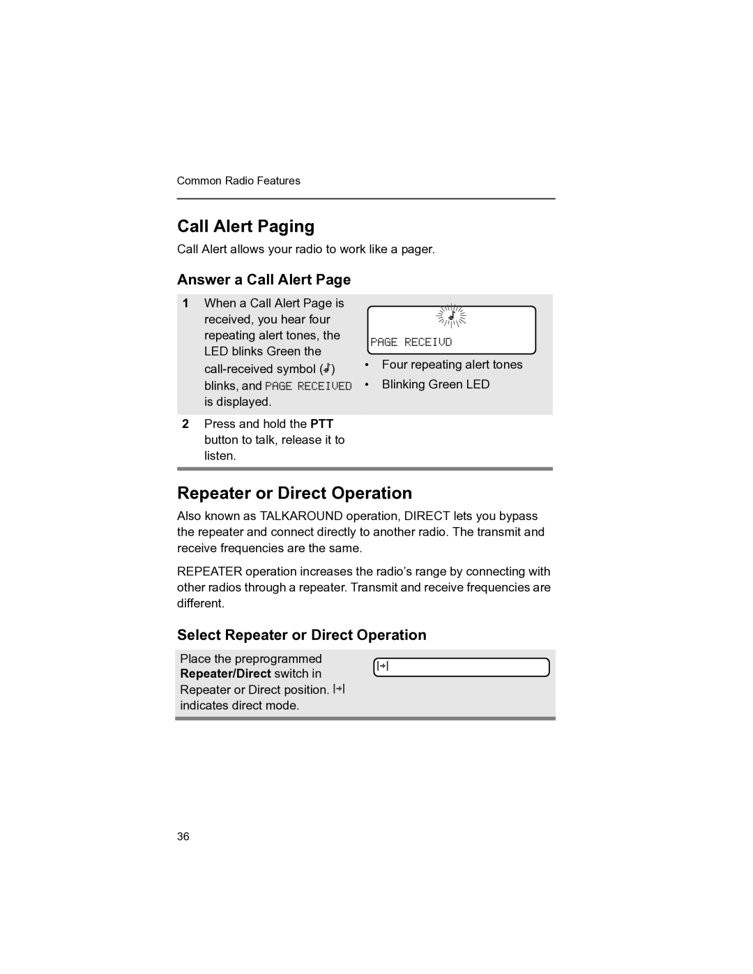 Motorola MT 1500 manual Call Alert Paging, Answer a Call Alert, Select Repeater or Direct Operation 