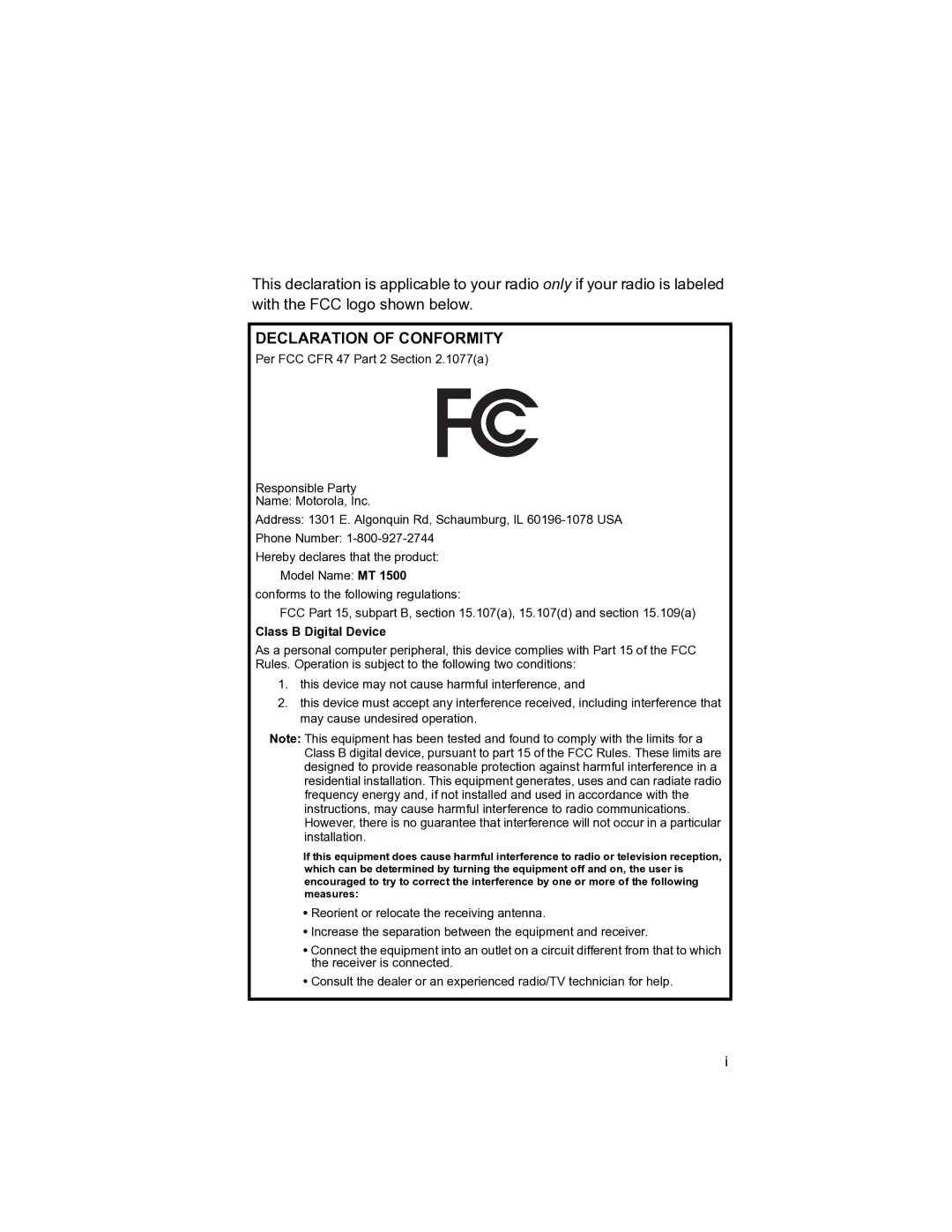 Motorola MT 1500 manual Declaration of Conformity, Class B Digital Device 