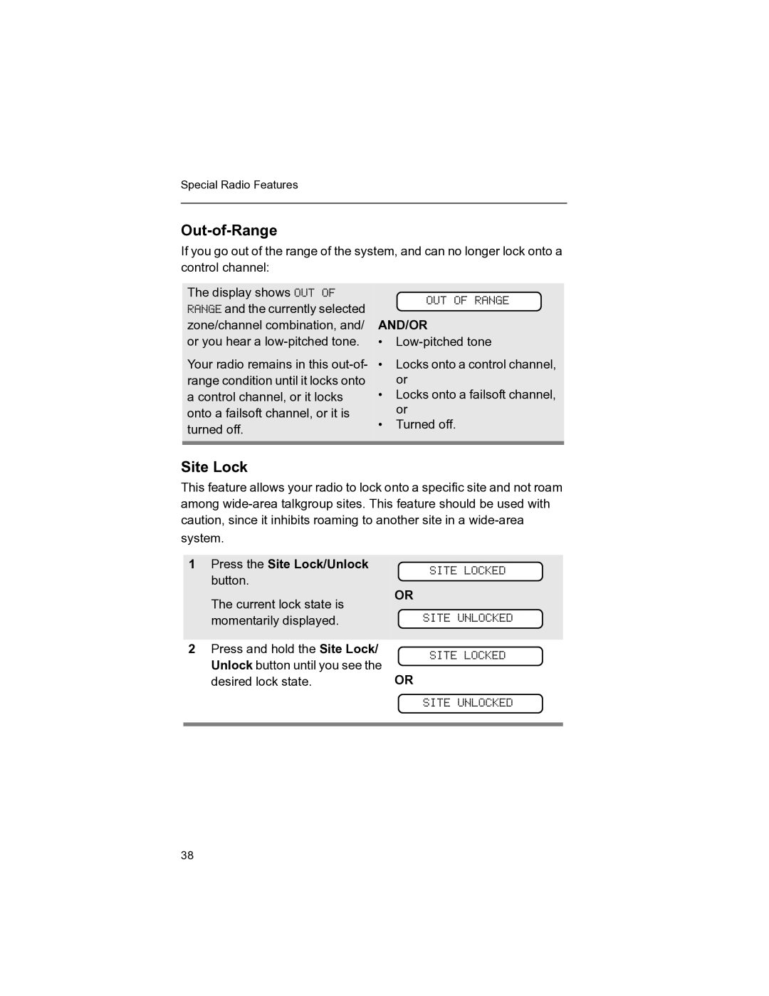 Motorola MT 1500 manual Out-of-Range, And/Or, Press the Site Lock/Unlock button 