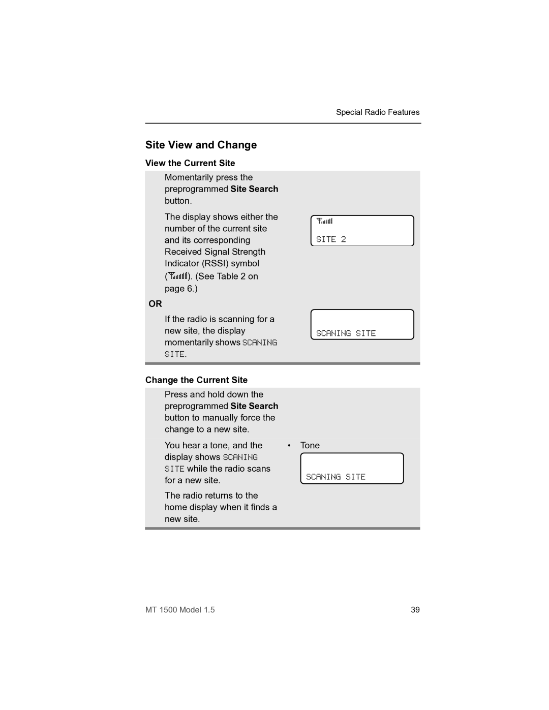 Motorola MT 1500 manual Site View and Change, View the Current Site, Change the Current Site 