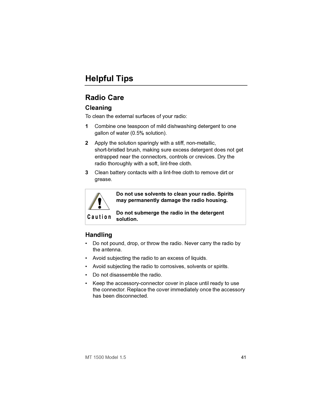 Motorola MT 1500 manual Helpful Tips, Radio Care, Cleaning, Handling 