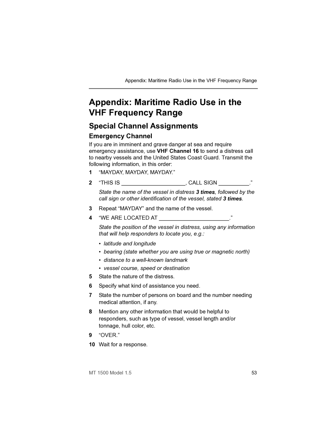 Motorola MT 1500 Appendix Maritime Radio Use in the VHF Frequency Range, Special Channel Assignments, Emergency Channel 