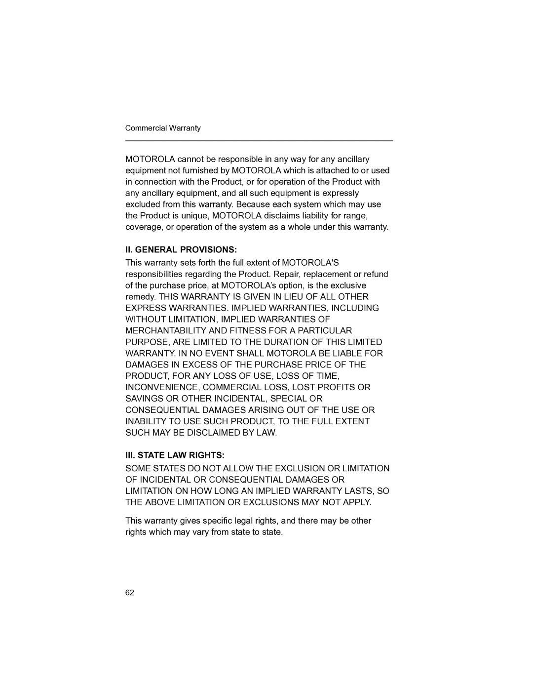 Motorola MT 1500 manual II. General Provisions, III. State LAW Rights 