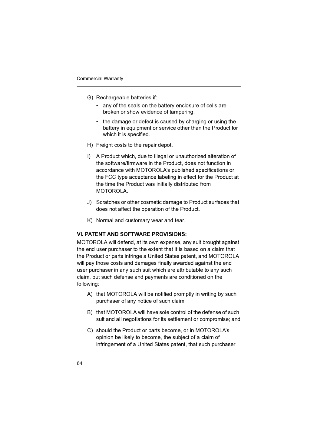 Motorola MT 1500 manual Motorola, VI. Patent and Software Provisions 