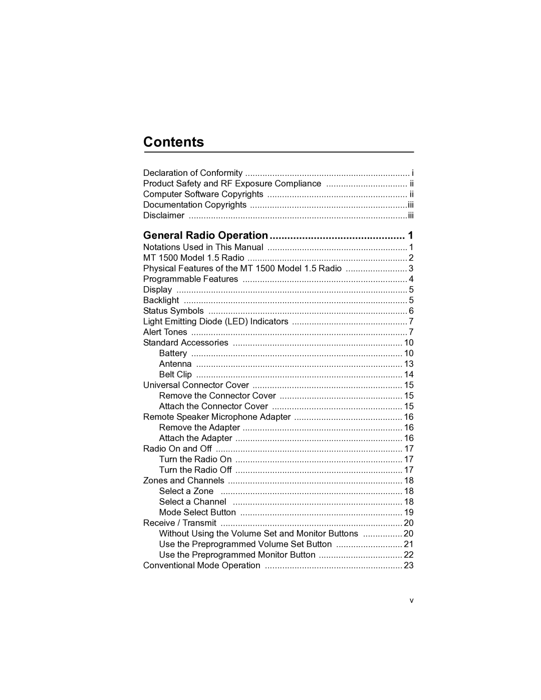 Motorola MT 1500 manual Contents 