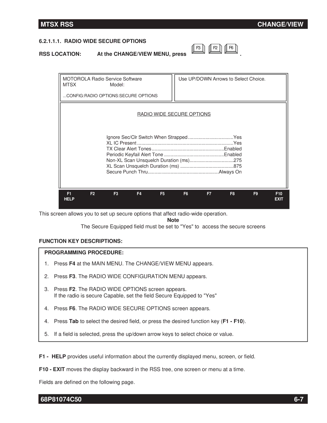 Motorola MT2000 manual Radio Wide Secure Options RSS Location, Function KEY Descriptions Programming Procedure 