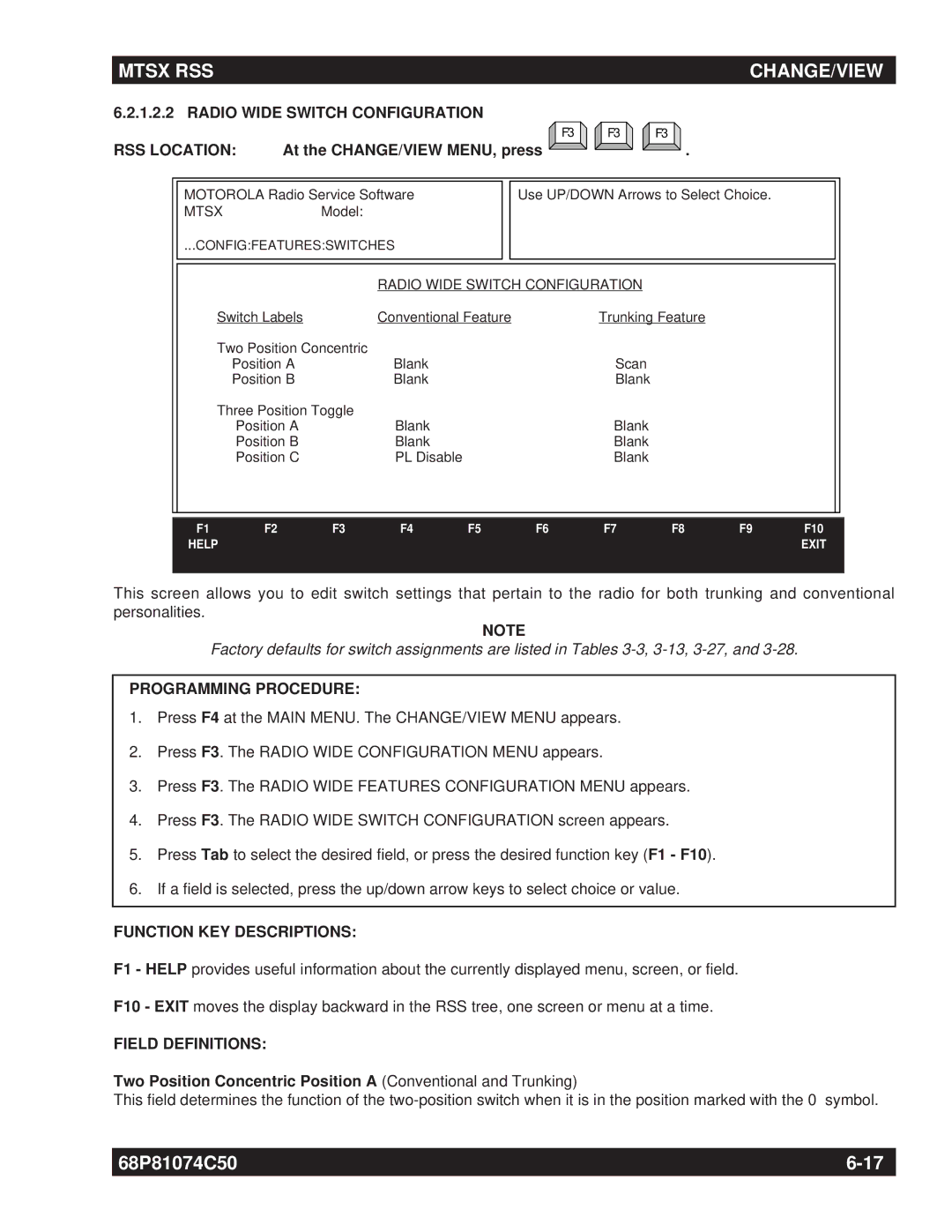 Motorola MT2000 manual Radio Wide Switch Configuration RSS Location 