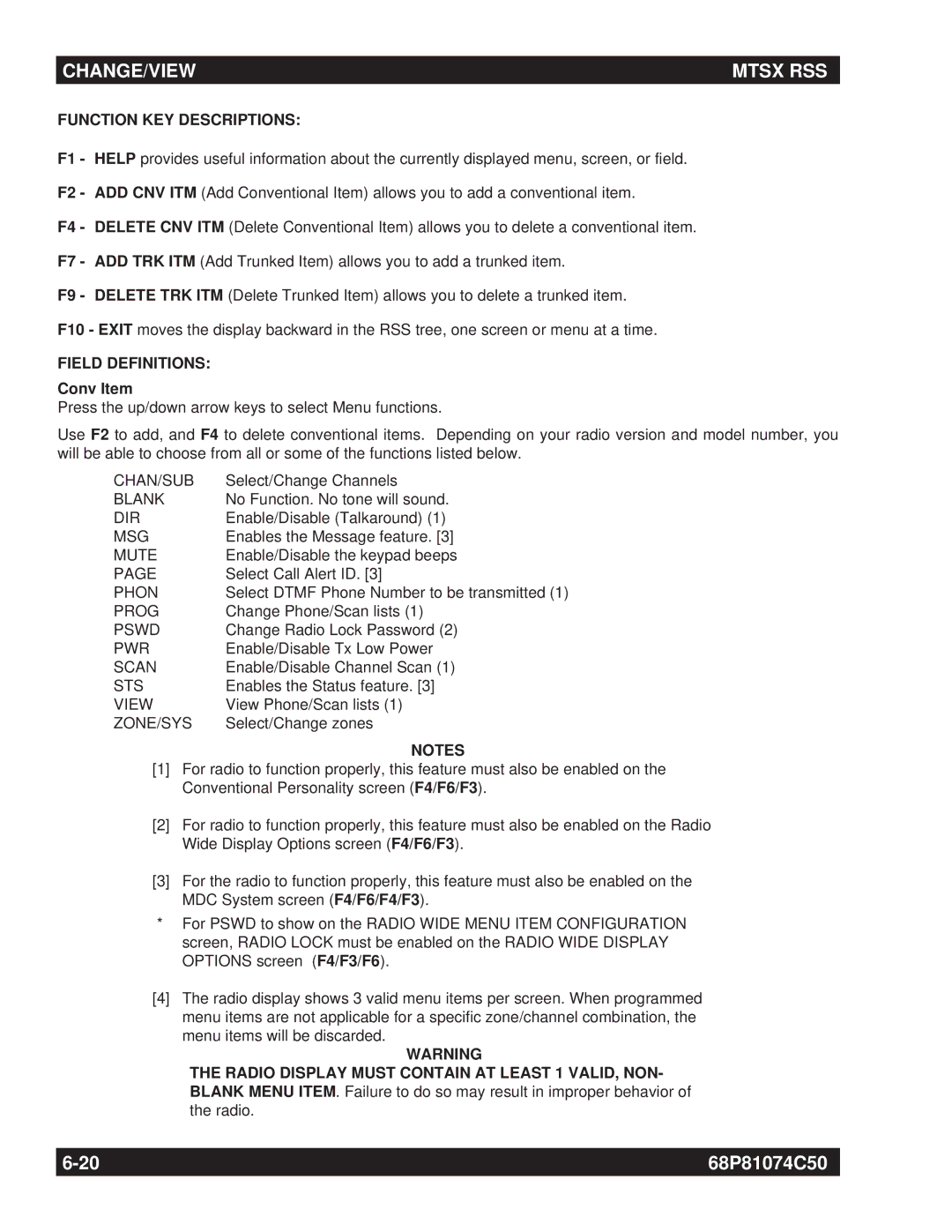 Motorola MT2000 manual Function KEY Descriptions, Conv Item 