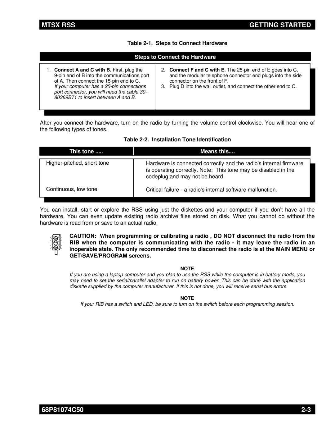 Motorola MT2000 manual Steps to Connect Hardware, Installation Tone Identification 