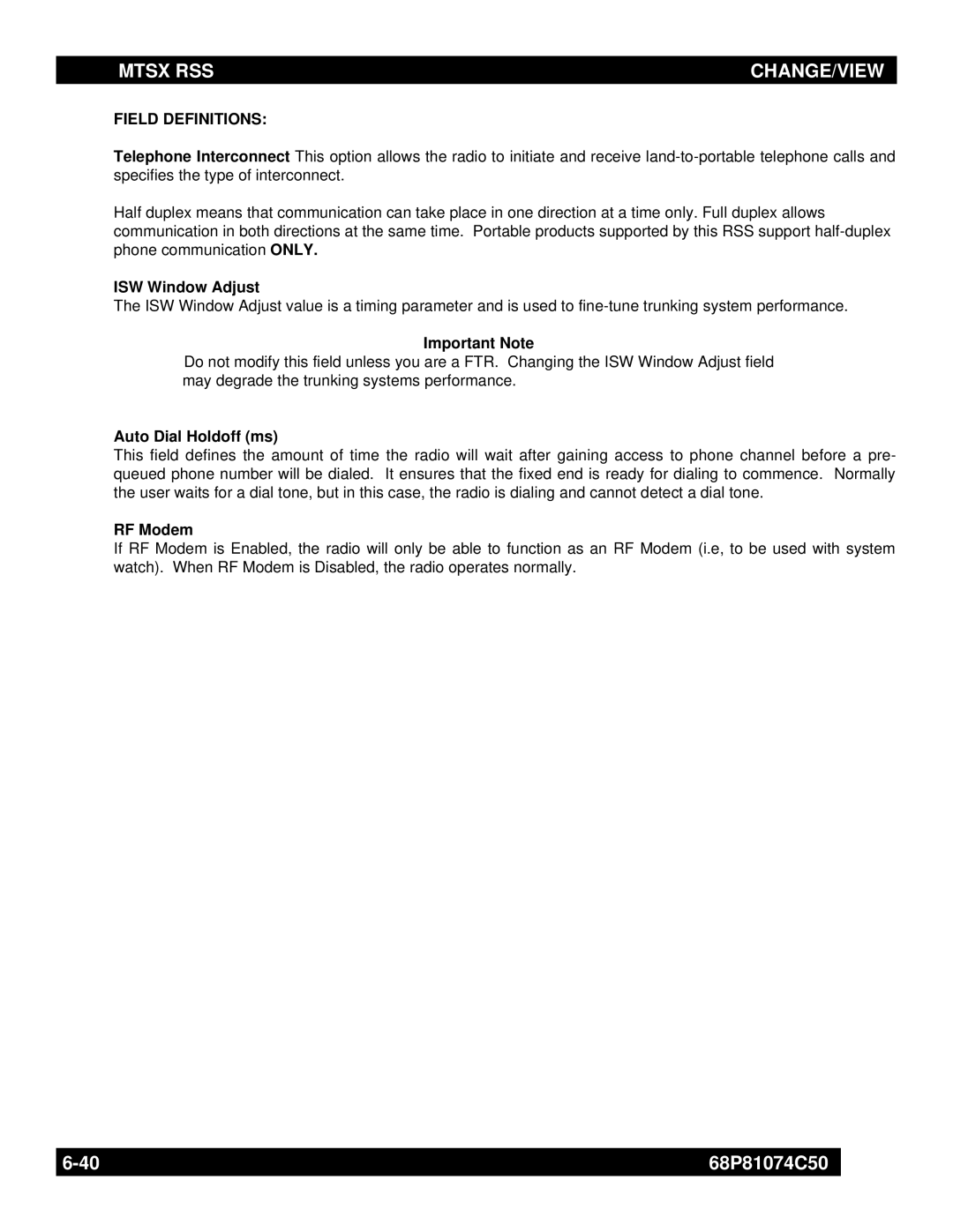 Motorola MT2000 manual ISW Window Adjust, Important Note, Auto Dial Holdoff ms, RF Modem 