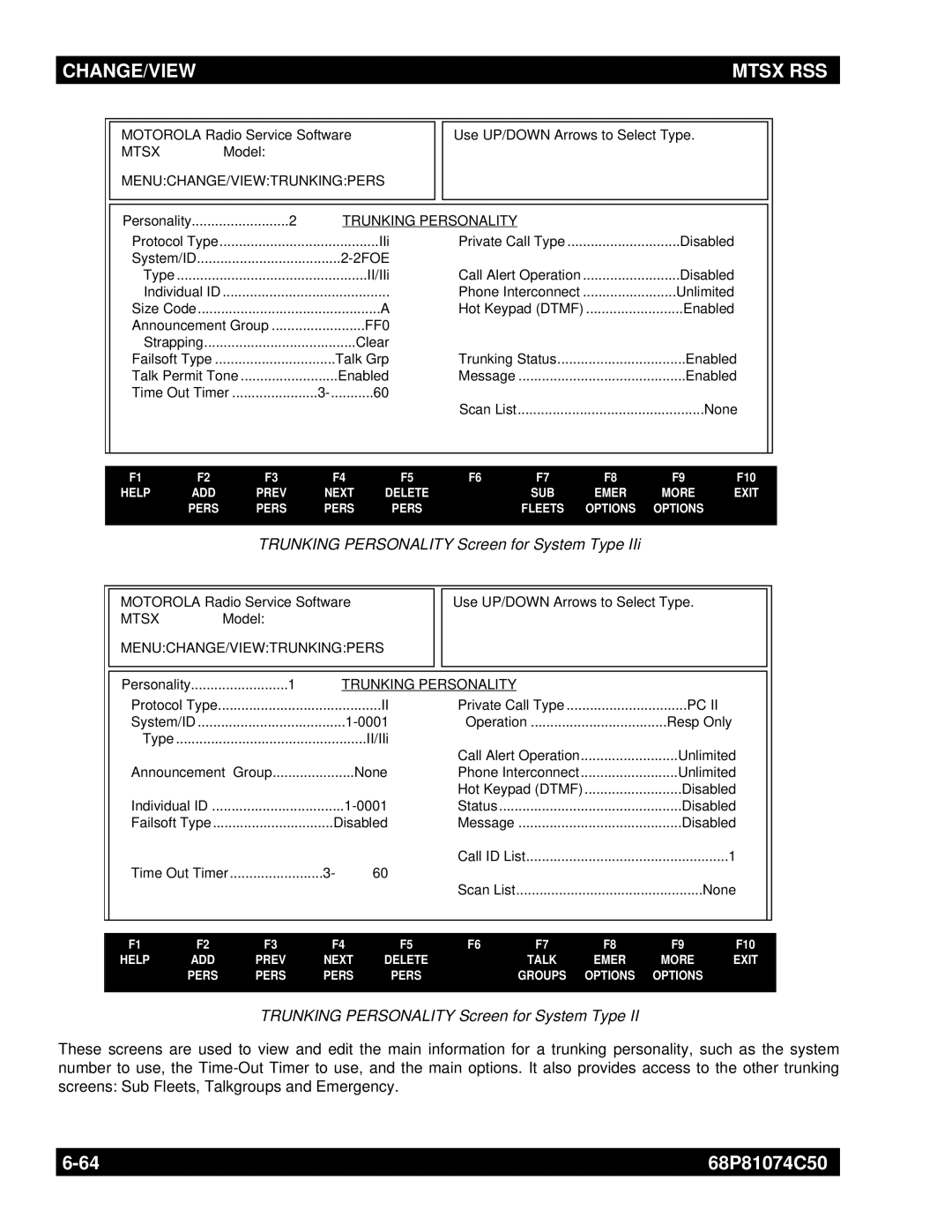 Motorola MT2000 manual Trunking Personality Screen for System Type, FF0 