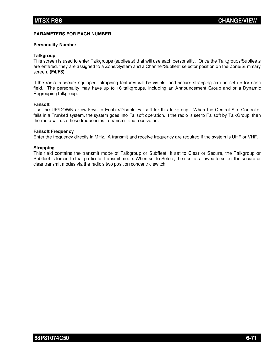 Motorola MT2000 manual Parameters for Each Number, Personality Number Talkgroup, Failsoft Frequency 