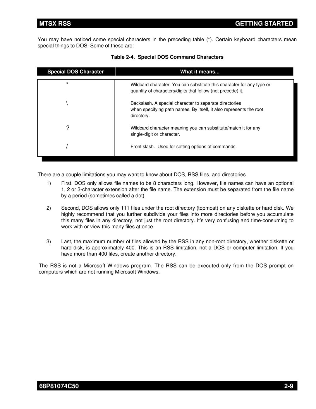 Motorola MT2000 manual Special DOS Command Characters, Special DOS Character What it means 