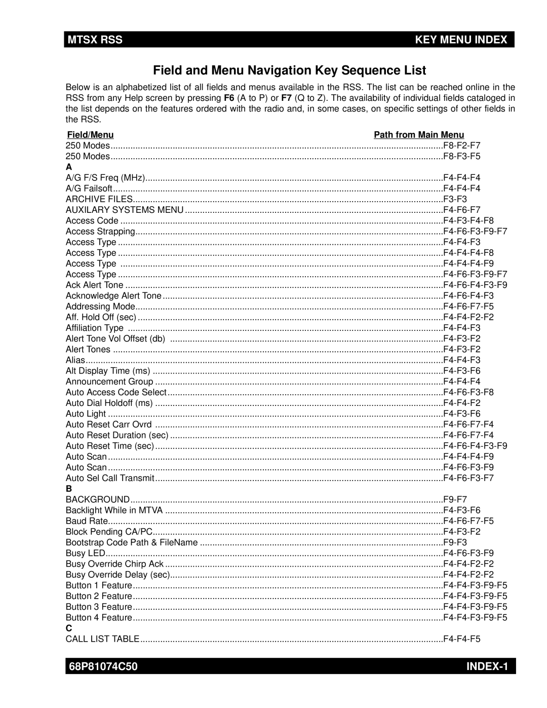 Motorola MT2000 manual Field and Menu Navigation Key Sequence List, Field/Menu Path from Main Menu 