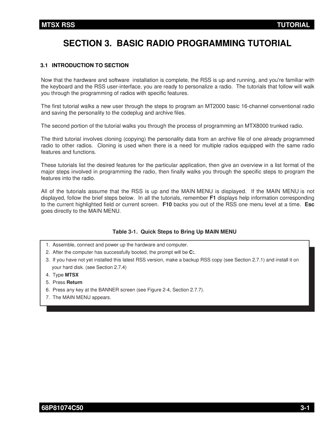 Motorola MT2000 manual Introduction to Section, Quick Steps to Bring Up Main Menu 