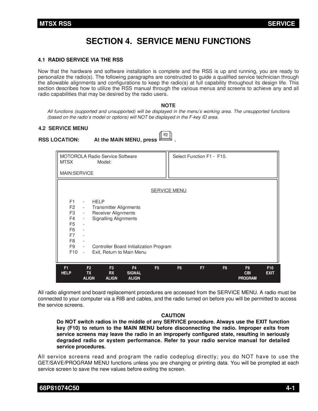 Motorola MT2000 manual Radio Service VIA the RSS, Service Menu RSS Location, Mainservice Service Menu Help 