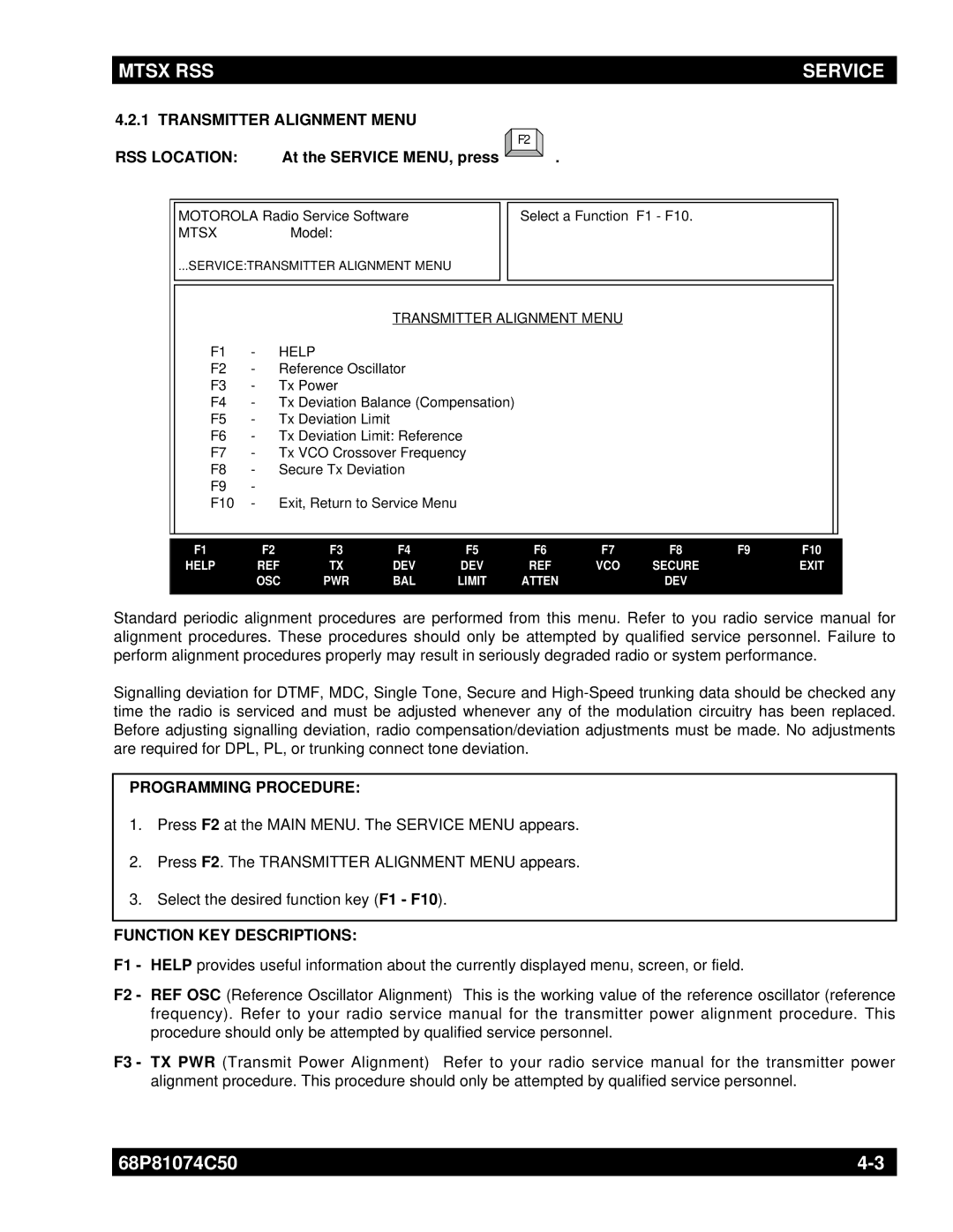 Motorola MT2000 manual Transmitter Alignment Menu RSS Location, At the Service MENU, press, Transmitter Alignment Menu Help 