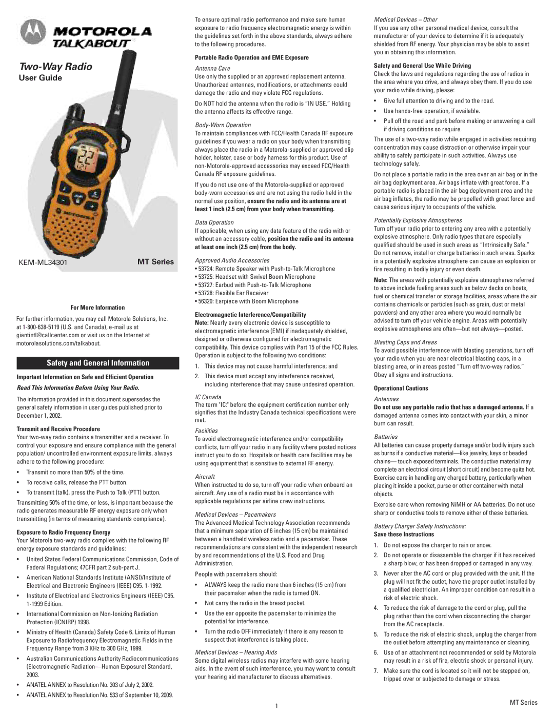 Motorola Kem-ml34301, MT350R technical specifications Safety and General Information 