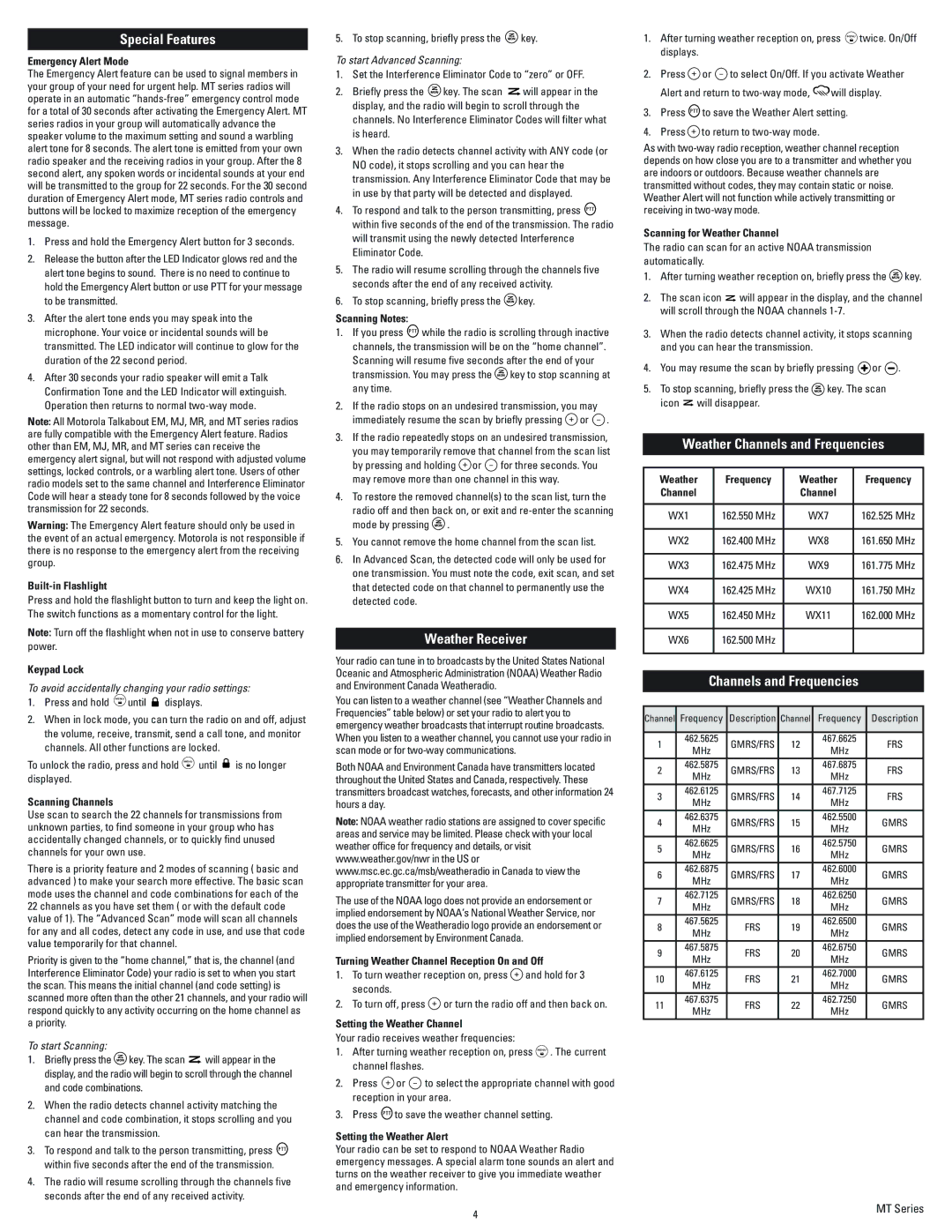 Motorola MT350R, Kem-ml34301 technical specifications Special Features, Weather Receiver, Weather Channels and Frequencies 