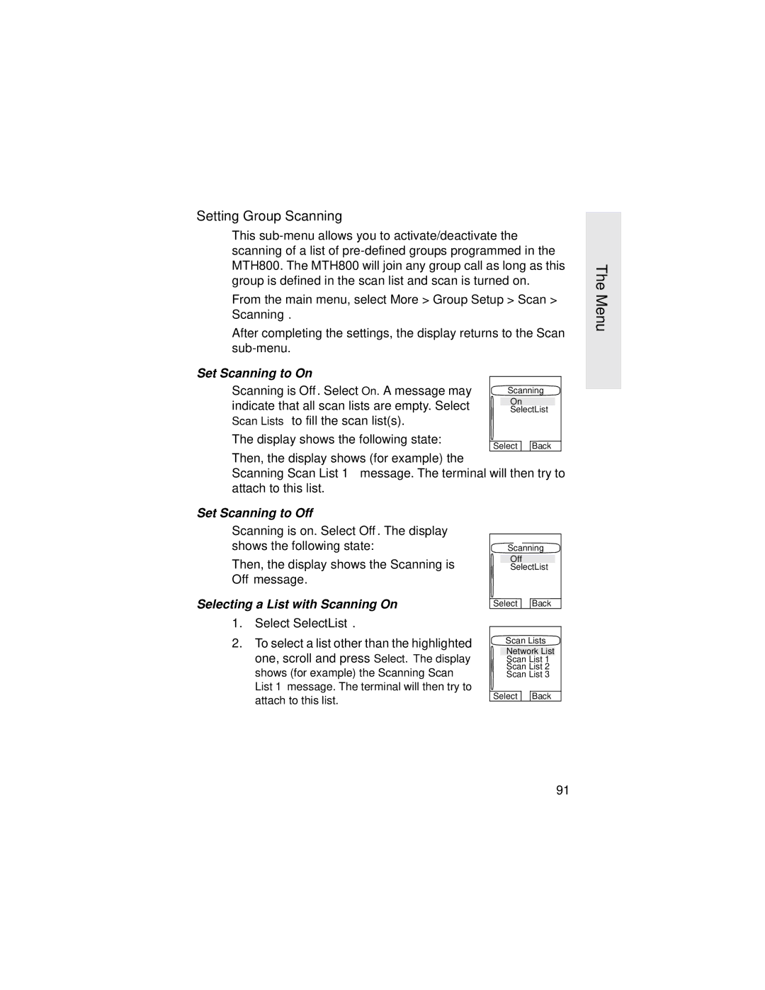 Motorola MTH800 manual Setting Group Scanning, Set Scanning to On, Set Scanning to Off, Selecting a List with Scanning On 