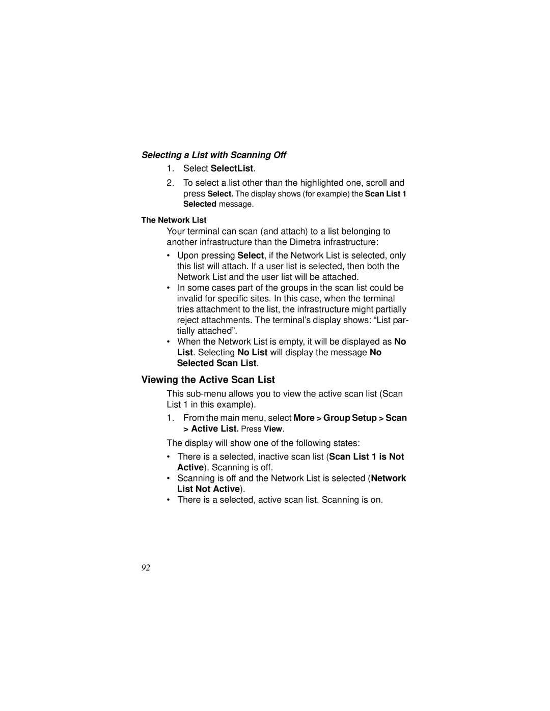 Motorola MTH800 manual Viewing the Active Scan List, Selecting a List with Scanning Off, Network List 