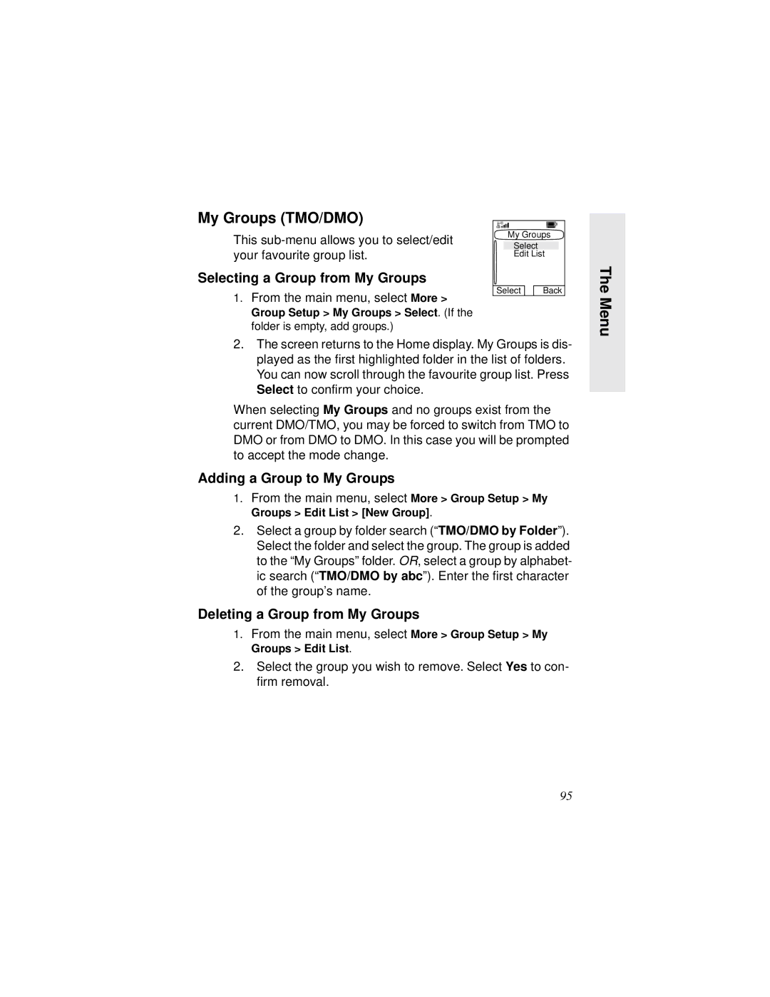 Motorola MTH800 manual My Groups TMO/DMO, Selecting a Group from My Groups, Adding a Group to My Groups 