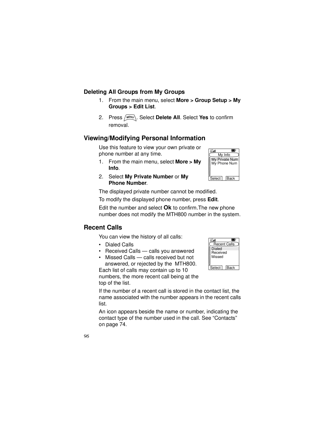 Motorola MTH800 manual Viewing/Modifying Personal Information, Recent Calls, Deleting All Groups from My Groups 