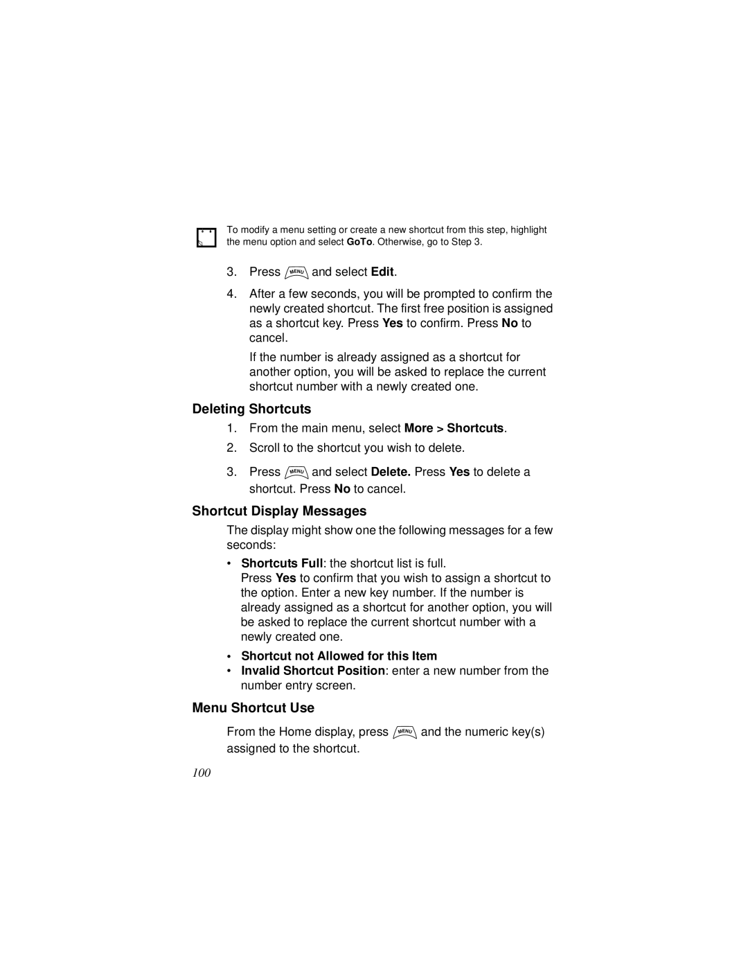 Motorola MTH800 manual Deleting Shortcuts, Shortcut Display Messages, Menu Shortcut Use, Shortcut not Allowed for this Item 