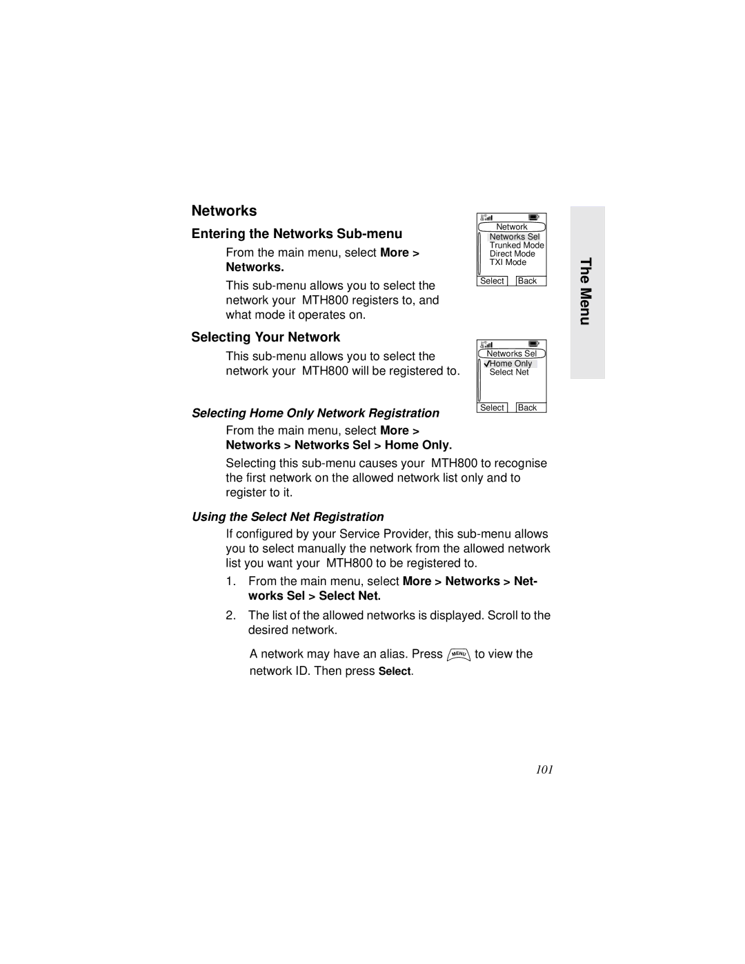 Motorola MTH800 manual Entering the Networks Sub-menu, Selecting Your Network, Selecting Home Only Network Registration 