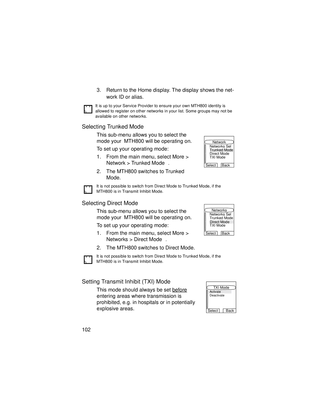 Motorola MTH800 Selecting Trunked Mode, Selecting Direct Mode, Setting Transmit Inhibit TXI Mode, Network Trunked Mode 