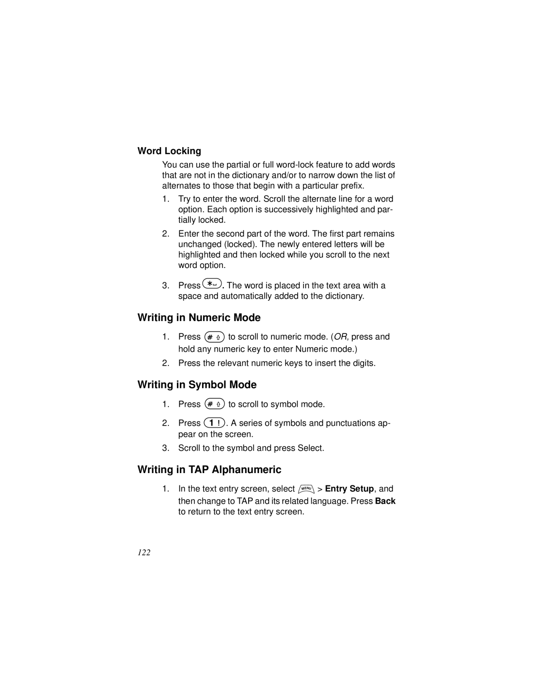 Motorola MTH800 Writing in Numeric Mode, Writing in Symbol Mode, Writing in TAP Alphanumeric, Word Locking, Entry Setup 