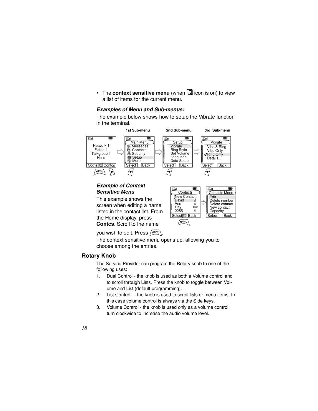 Motorola MTH800 manual Rotary Knob, Examples of Menu and Sub-menus, Example of Context Sensitive Menu 