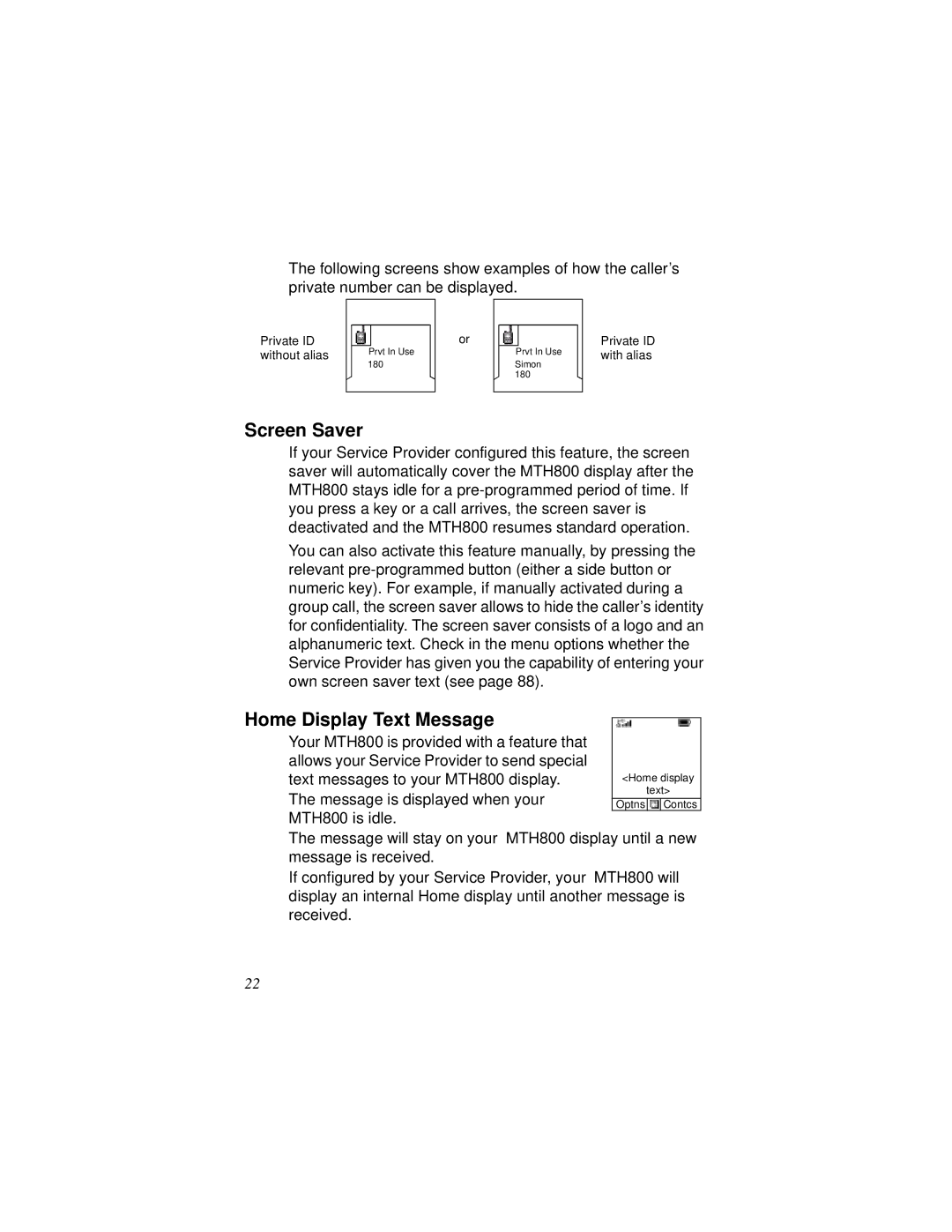 Motorola MTH800 manual Screen Saver, Home Display Text Message 