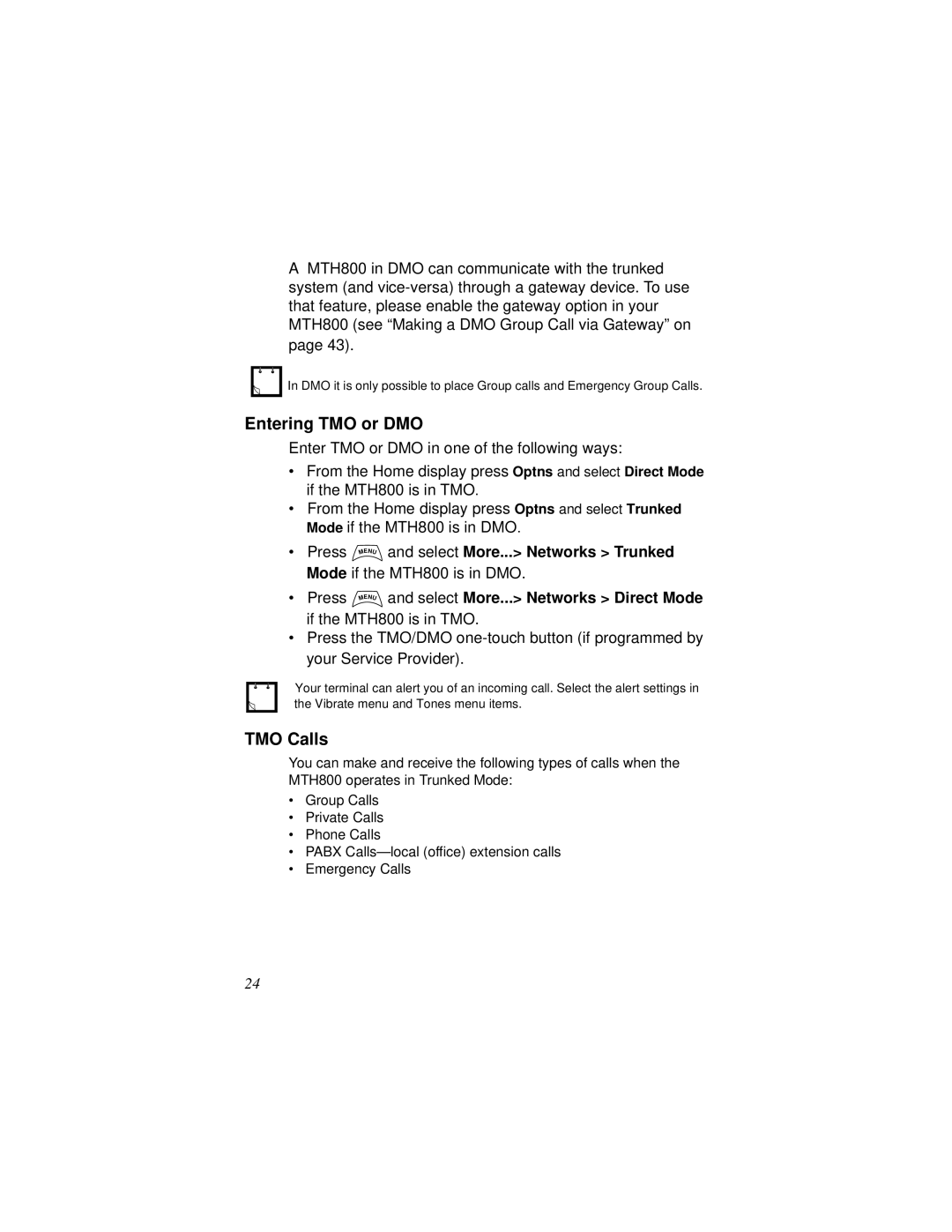 Motorola MTH800 manual Entering TMO or DMO, TMO Calls, Select More... Networks Trunked, Select More... Networks Direct Mode 