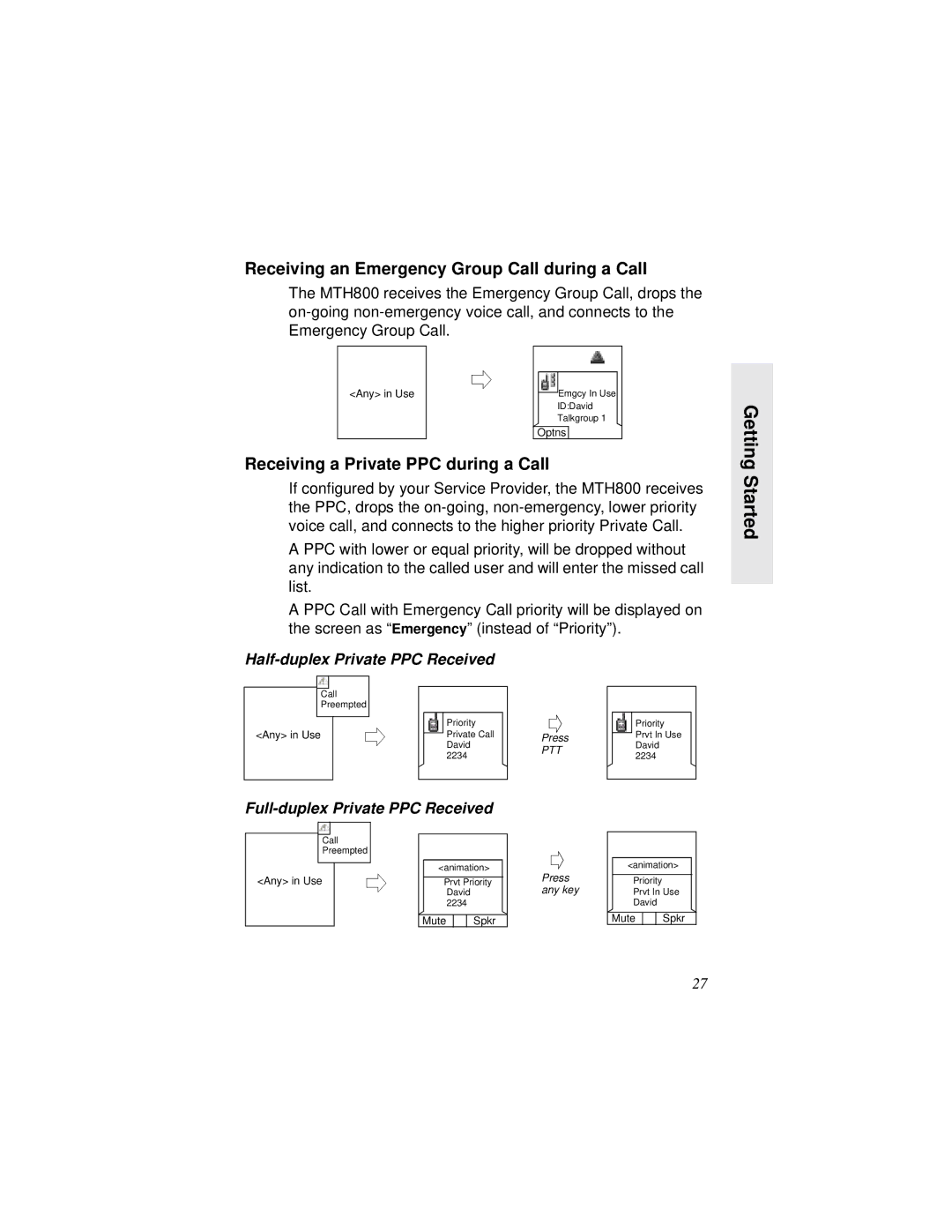 Motorola MTH800 manual Receiving an Emergency Group Call during a Call, Receiving a Private PPC during a Call, Getting 