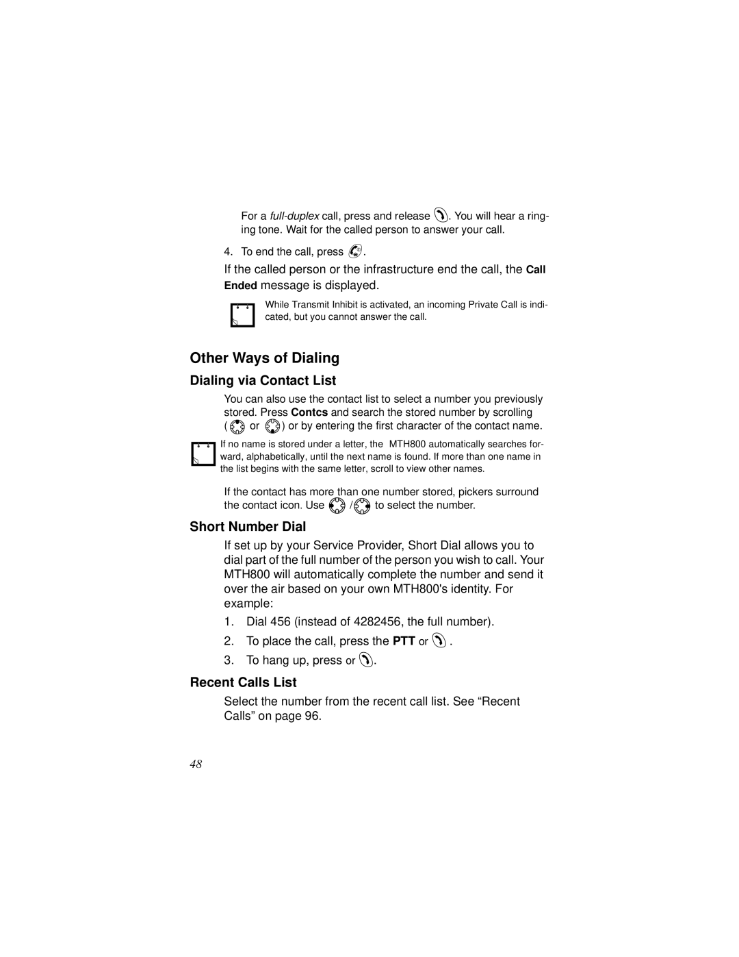 Motorola MTH800 manual Other Ways of Dialing, Dialing via Contact List, Short Number Dial, Recent Calls List 