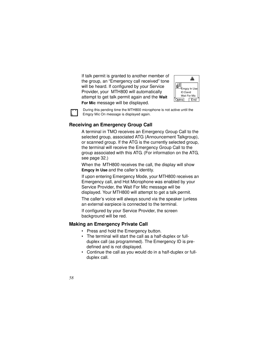 Motorola MTH800 manual Receiving an Emergency Group Call, Making an Emergency Private Call 