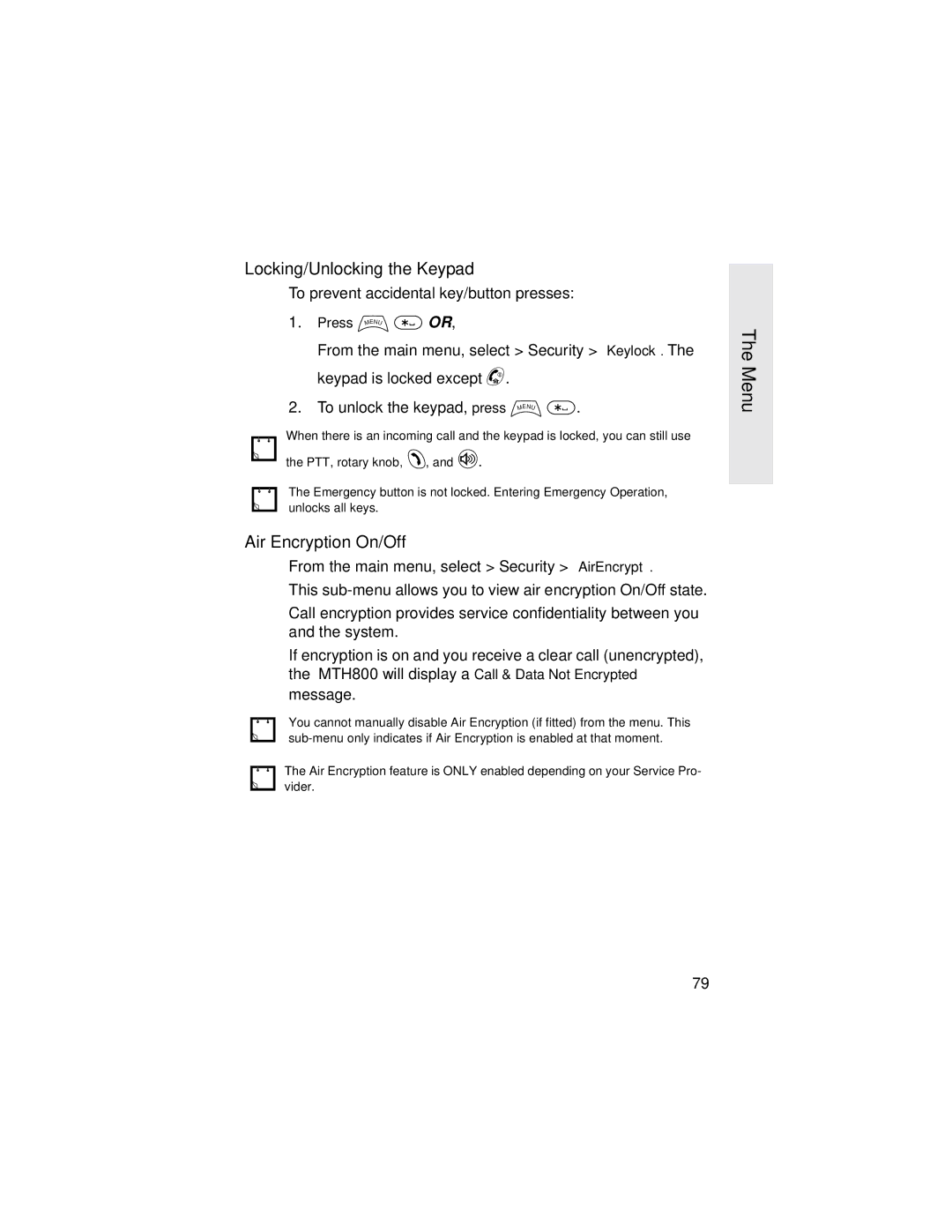 Motorola MTH800 manual Locking/Unlocking the Keypad, Air Encryption On/Off 