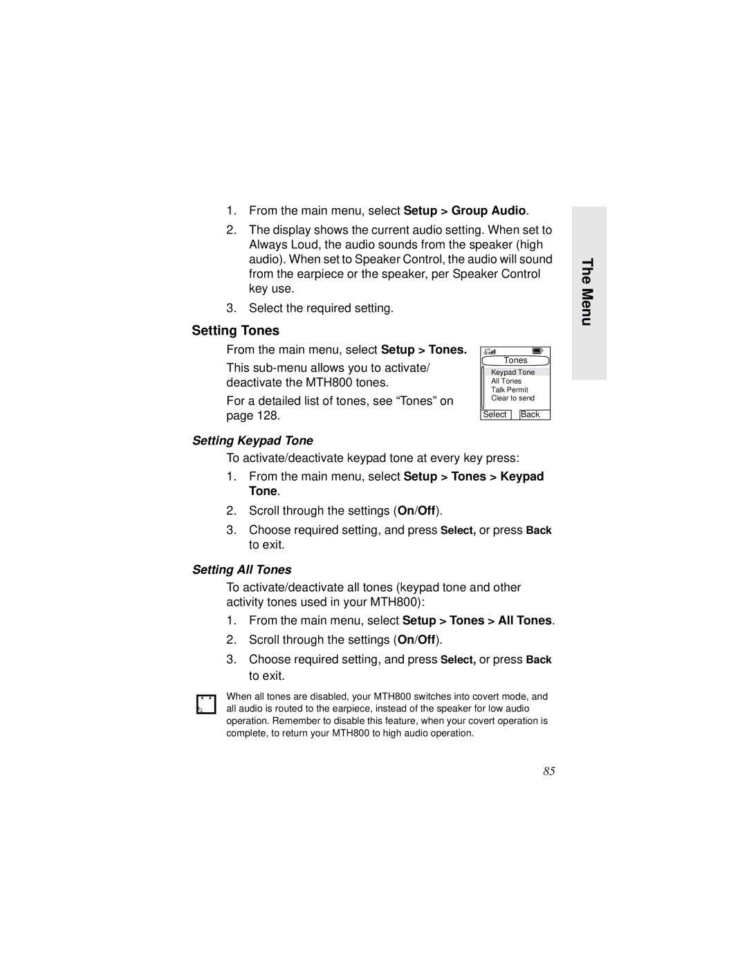 Motorola MTH800 manual Setting Tones, Setting Keypad Tone, Setting All Tones 